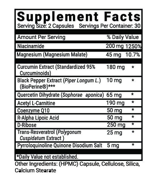 Advanced Mitochondrial Formula supplement facts label – ingredient breakdown