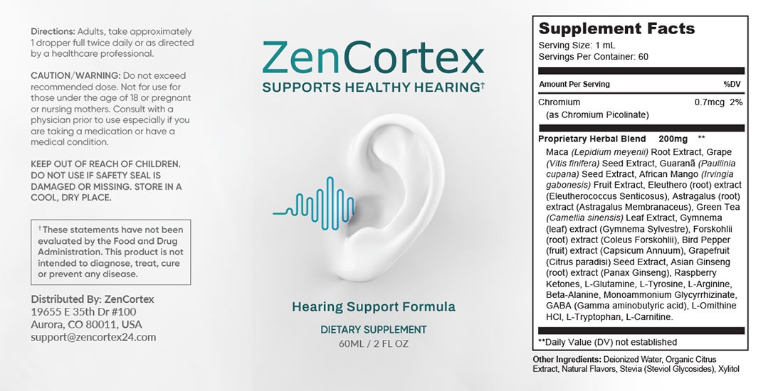 ZenCortex ingredients label - natural hearing support formula