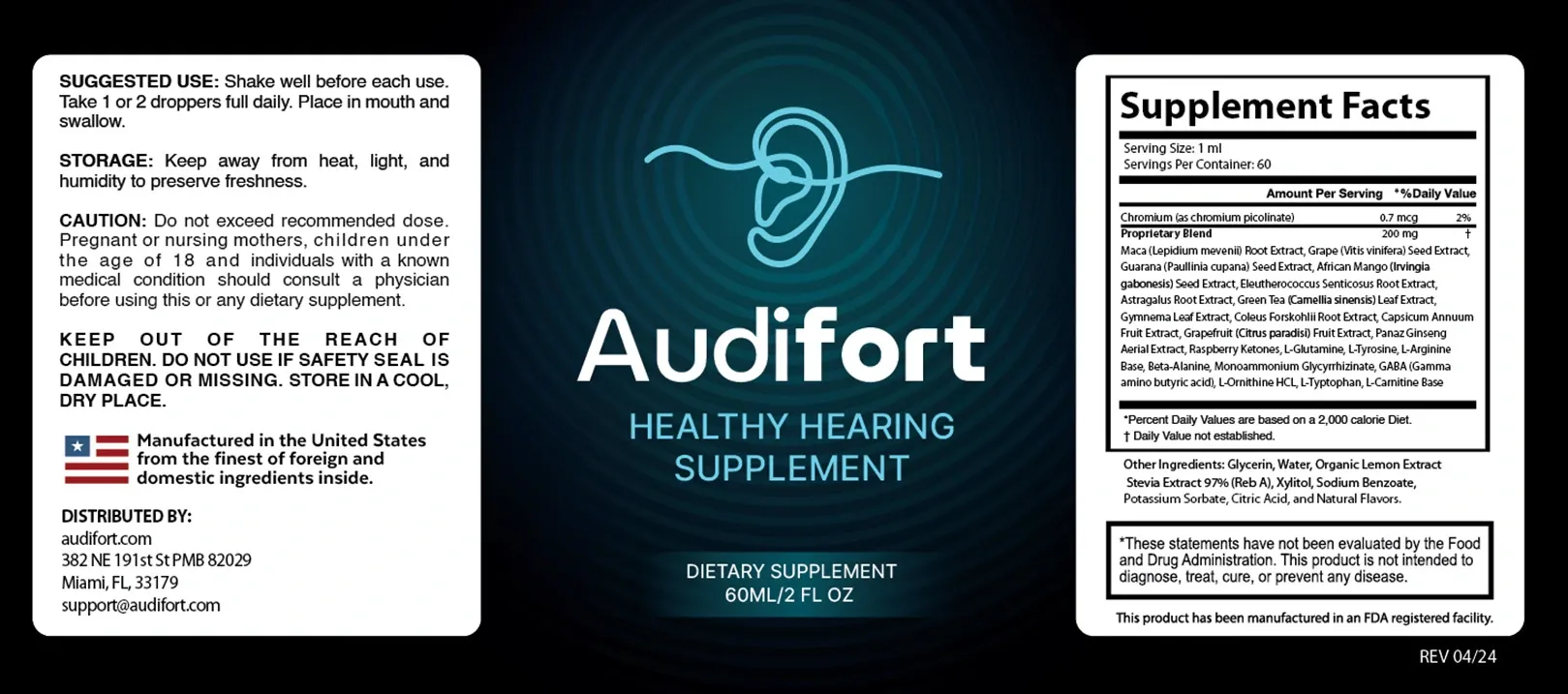 Audifort supplement facts label — full ingredient list
