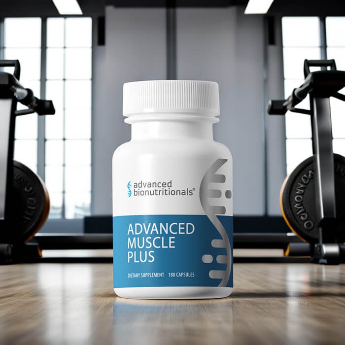 Advanced Muscle Plus supplement bottle in gym setting