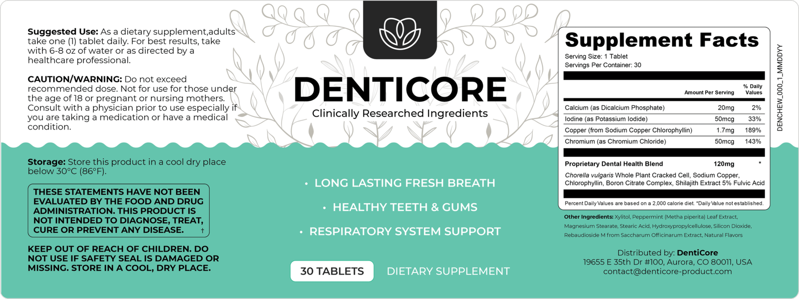 DentiCore Review – product label with ingredient list