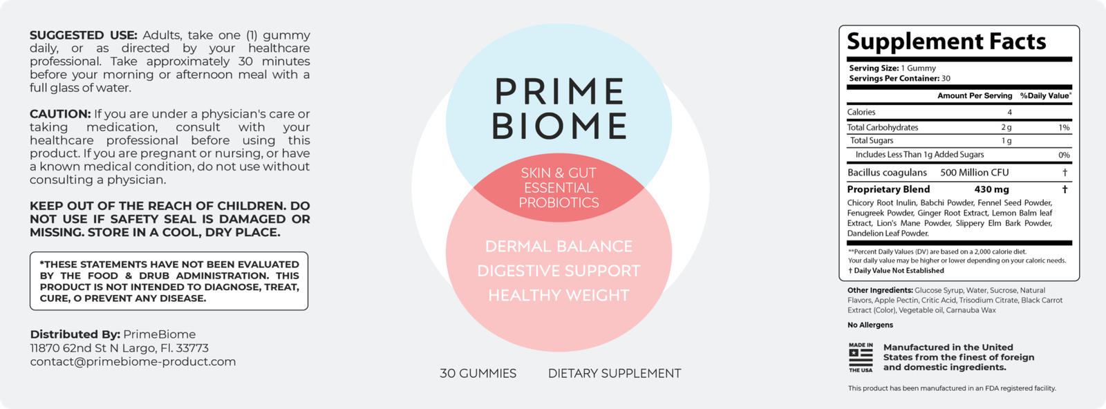 PrimeBiome Review – supplement label showing all ingredients including Bacillus Coagulans and Lion's Mane