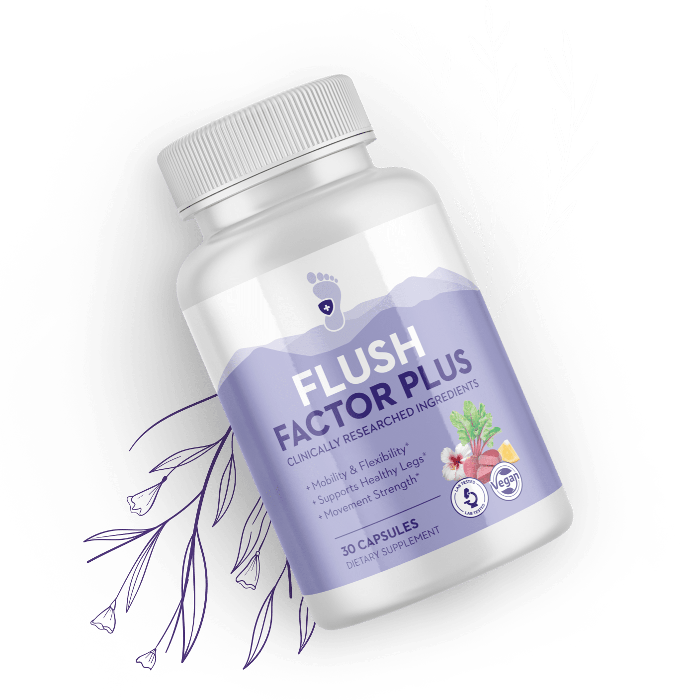 Flush Factor Plus bottle and capsules close up
