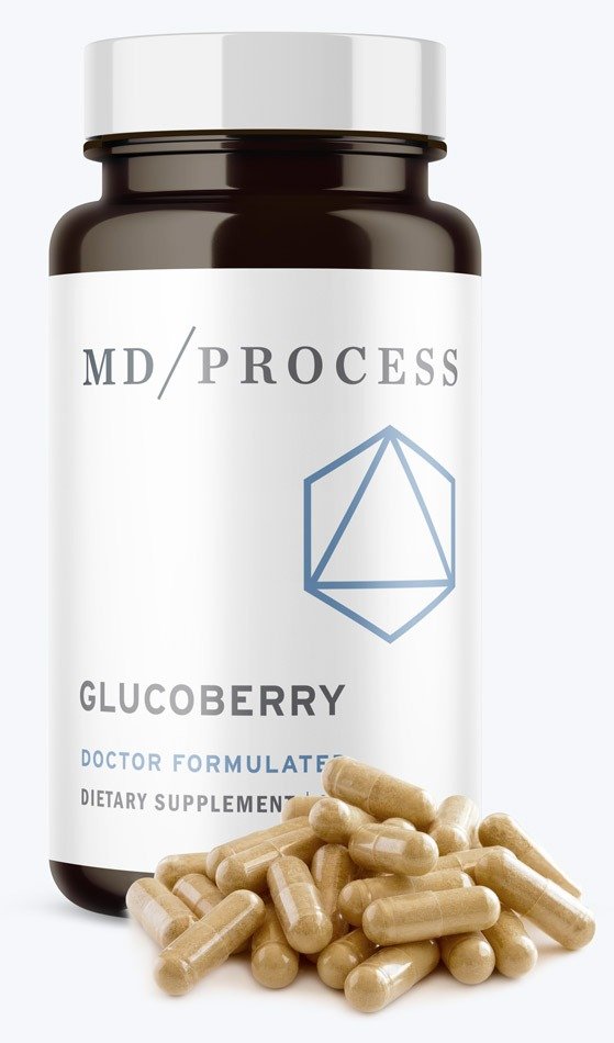 GlucoBerry supplement bottle with Maqui berry and key ingredients displayed