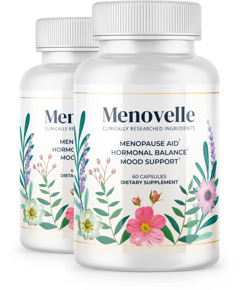 Two bottles of Menovelle supplement for menopause relief